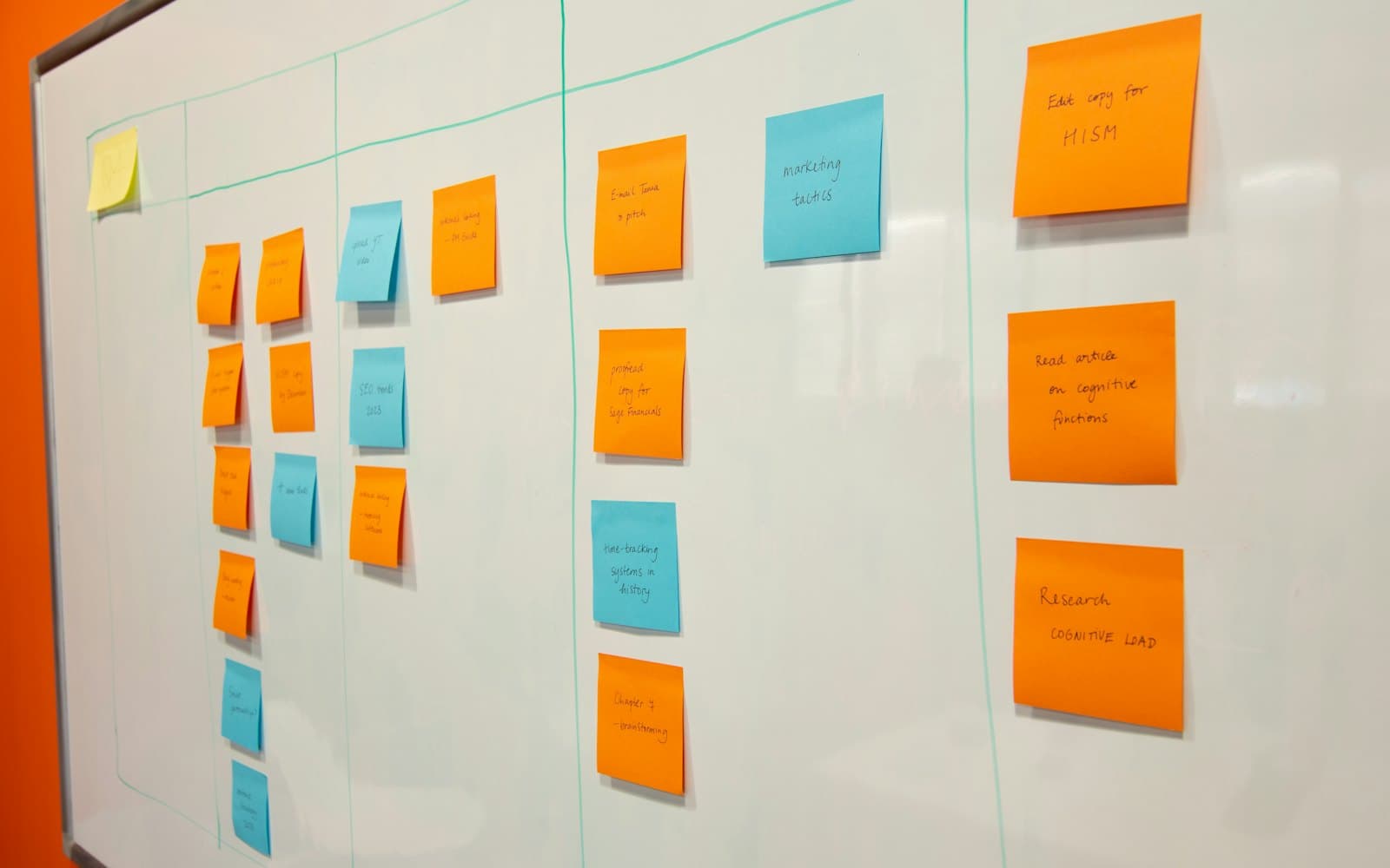 A team planning session with sticky notes on a glass wall